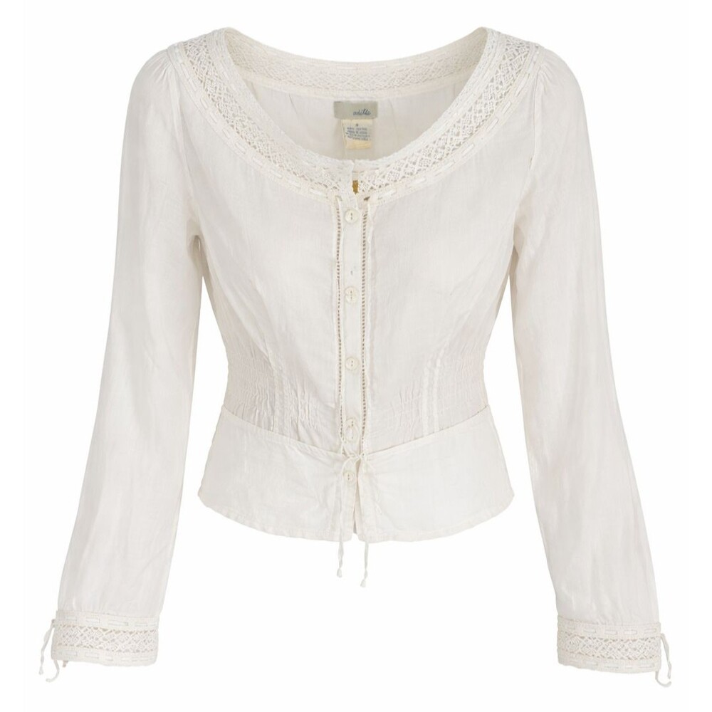 Anthropologie Odille White LS Lace Button-Front Blouse Top Size 8 Round Neck NWT